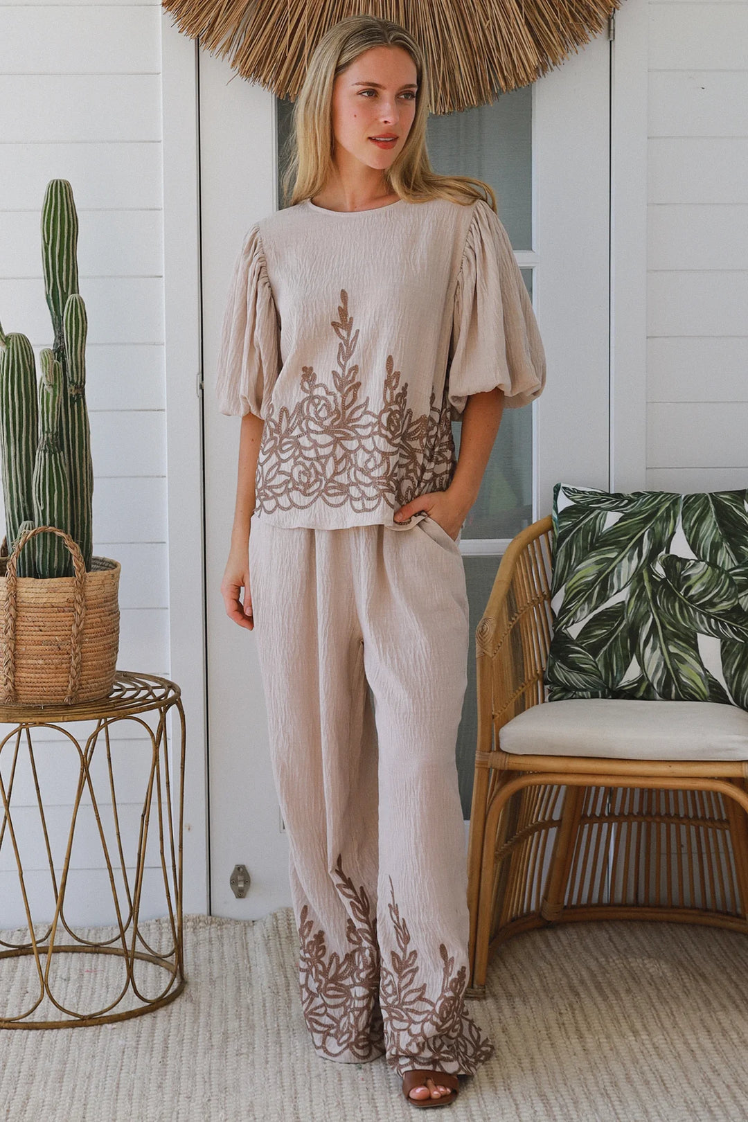 Penelope Embroidered Top – Beige