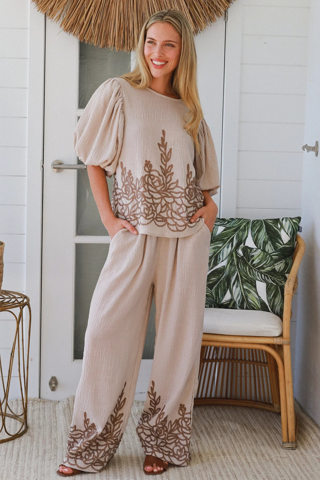 Penelope Embroidered Top – Beige