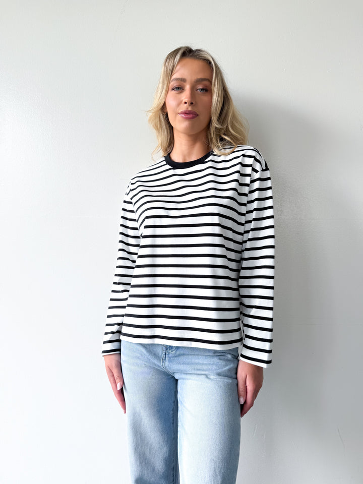 Remi Cotton Stripe Long Sleeve Tee-White and Black