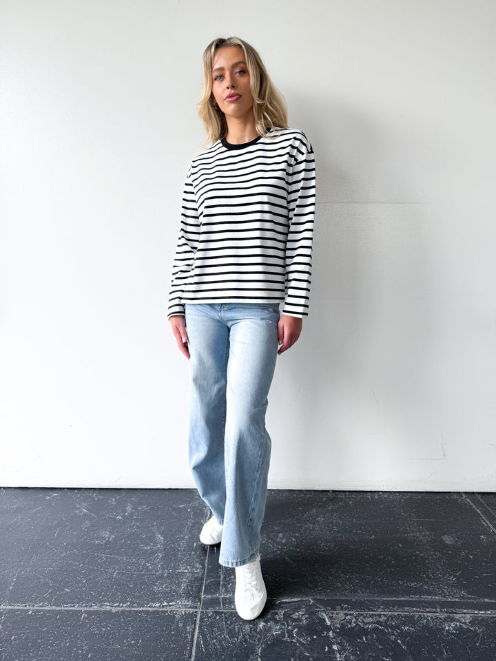 Remi Cotton Stripe Long Sleeve Tee-White and Black