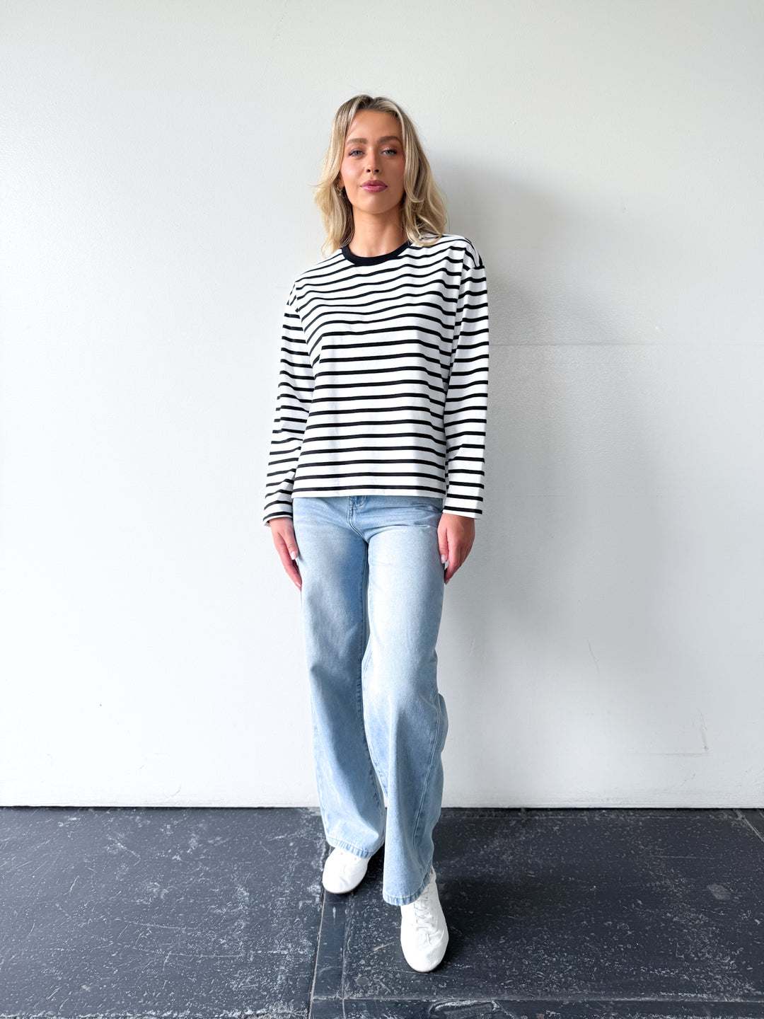 Remi Cotton Stripe Long Sleeve Tee-White and Black