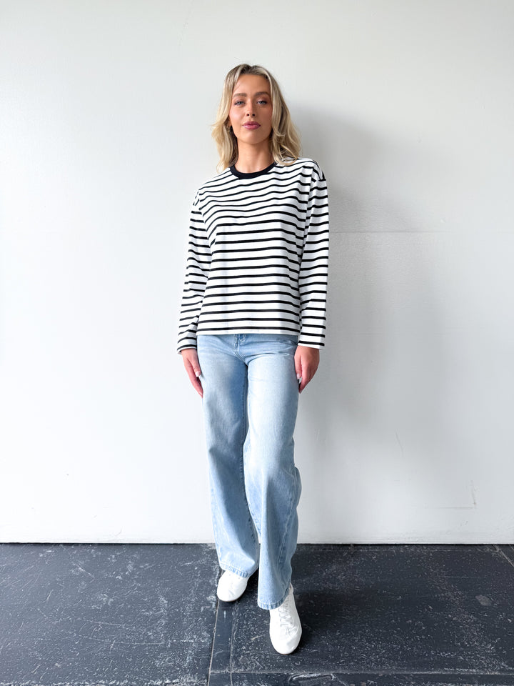 Remi Cotton Stripe Long Sleeve Tee-White and Black