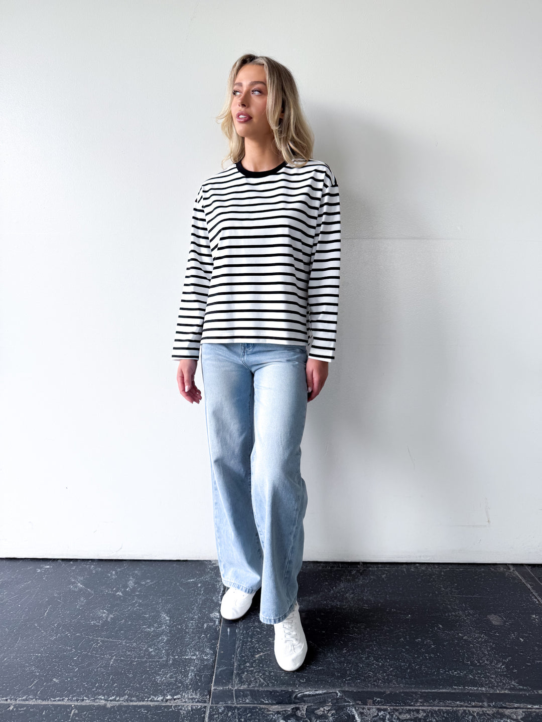 Remi Cotton Stripe Long Sleeve Tee-White and Black