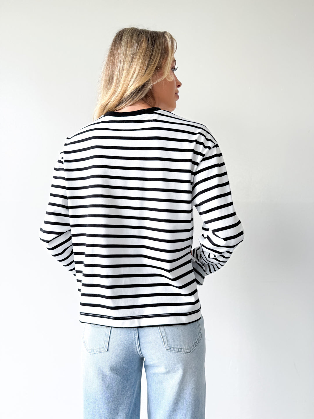 Remi Cotton Stripe Long Sleeve Tee-White and Black