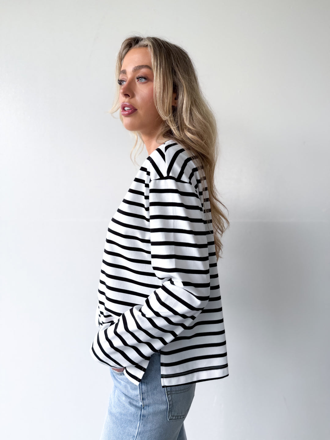 Remi Cotton Stripe Long Sleeve Tee-White and Black