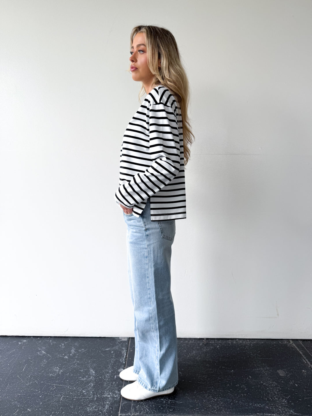 Remi Cotton Stripe Long Sleeve Tee-White and Black