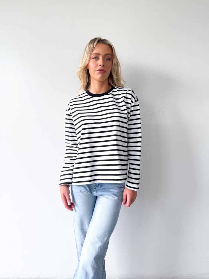 Remi Cotton Stripe Long Sleeve Tee-White and Black