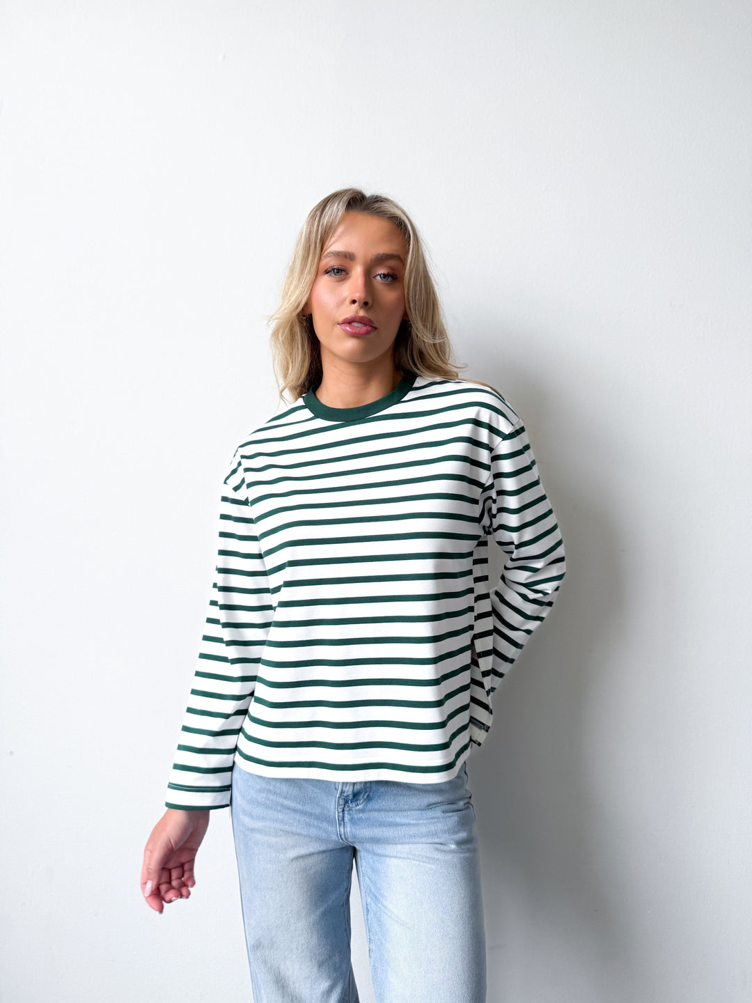 Remi Cotton Stripe Long Sleeve Tee-White and Green