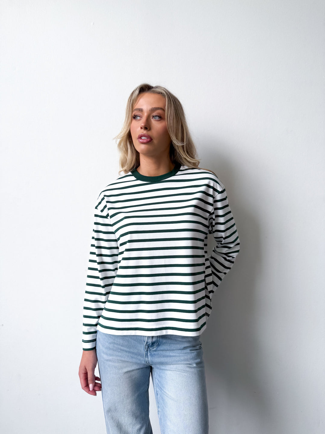 Remi Cotton Stripe Long Sleeve Tee-White and Green