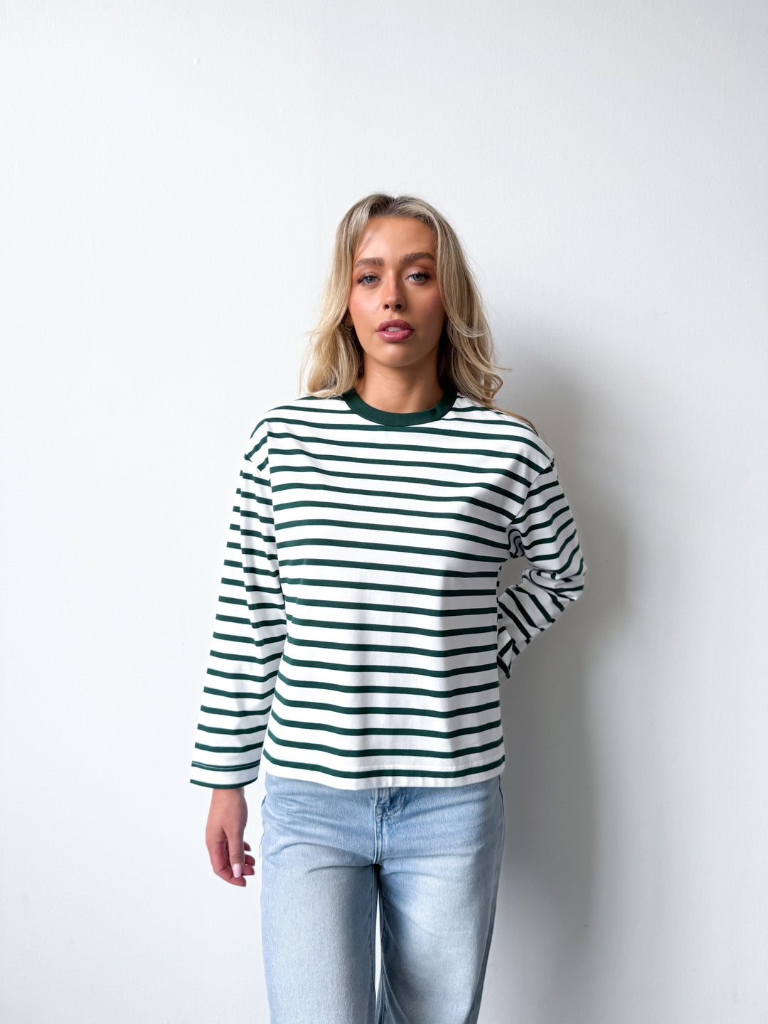 Remi Cotton Stripe Long Sleeve Tee-White and Green