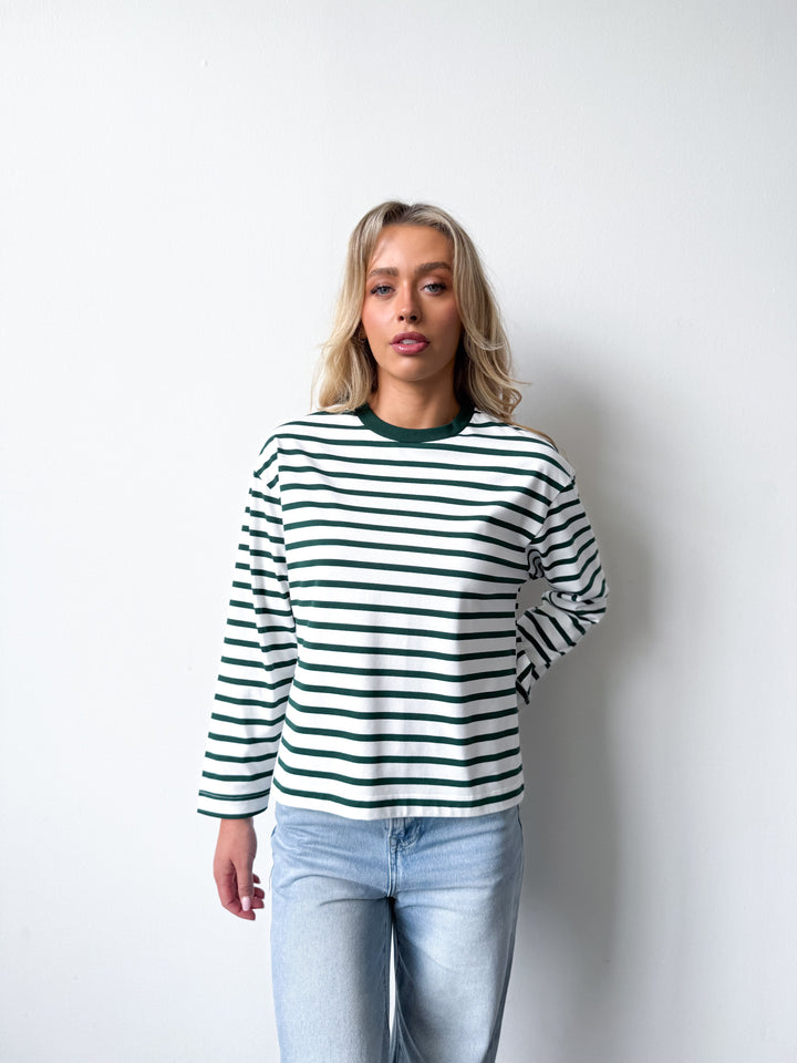 Remi Cotton Stripe Long Sleeve Tee-White and Green