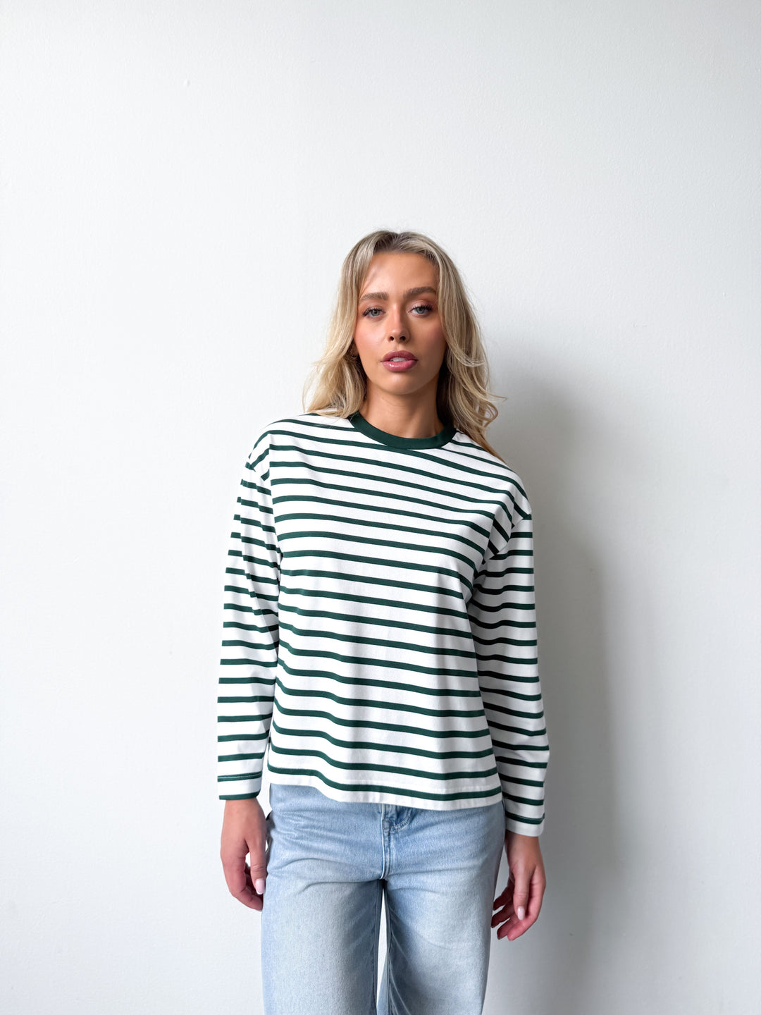 Remi Cotton Stripe Long Sleeve Tee-White and Green