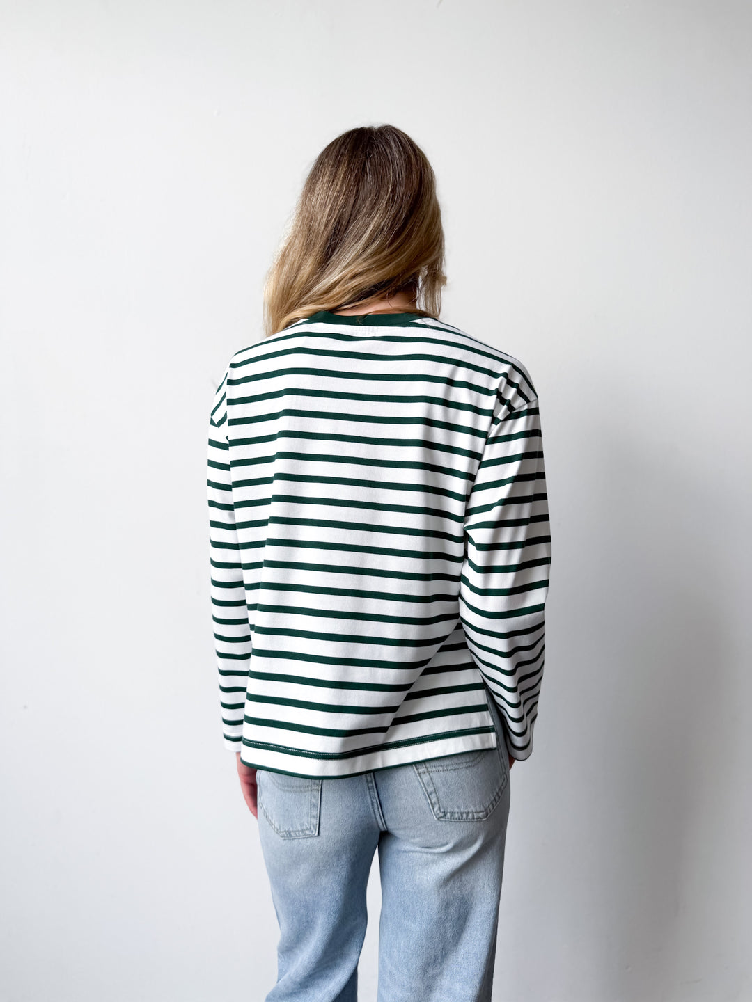 Remi Cotton Stripe Long Sleeve Tee-White and Green