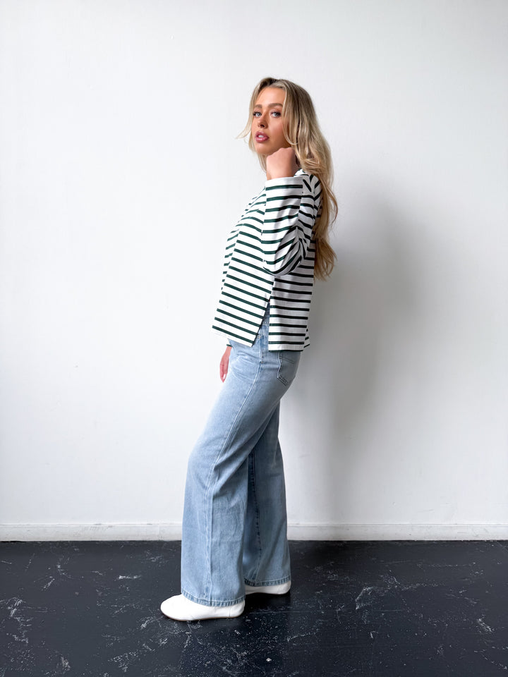 Remi Cotton Stripe Long Sleeve Tee-White and Green