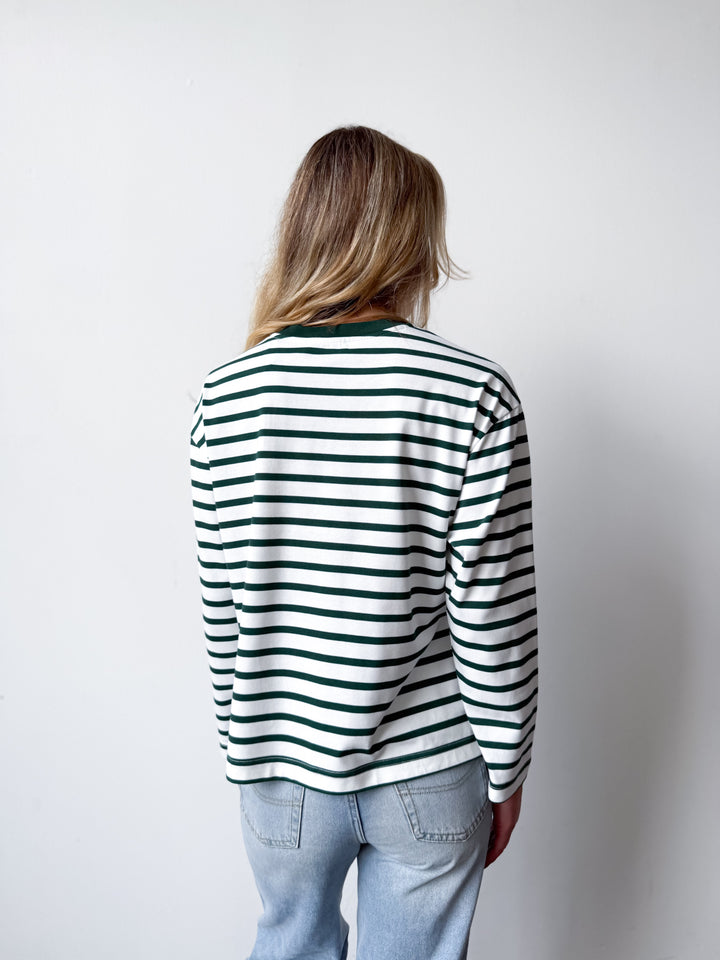 Remi Cotton Stripe Long Sleeve Tee-White and Green
