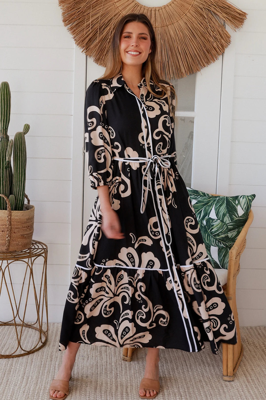 Roxy Dress – Black & Tan Print
