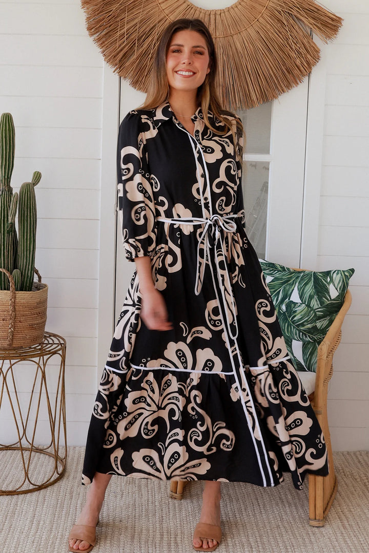 Roxy Dress – Black & Tan Print