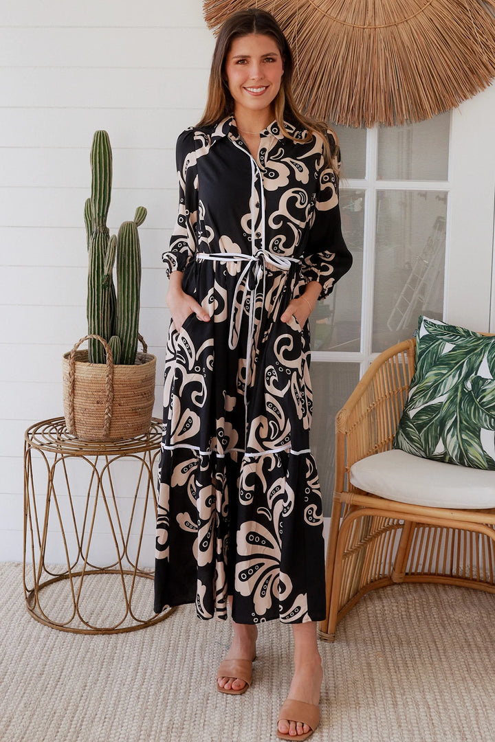 Roxy Dress – Black & Tan Print