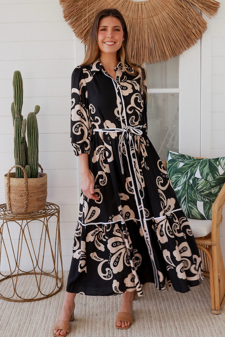 Roxy Dress – Black & Tan Print