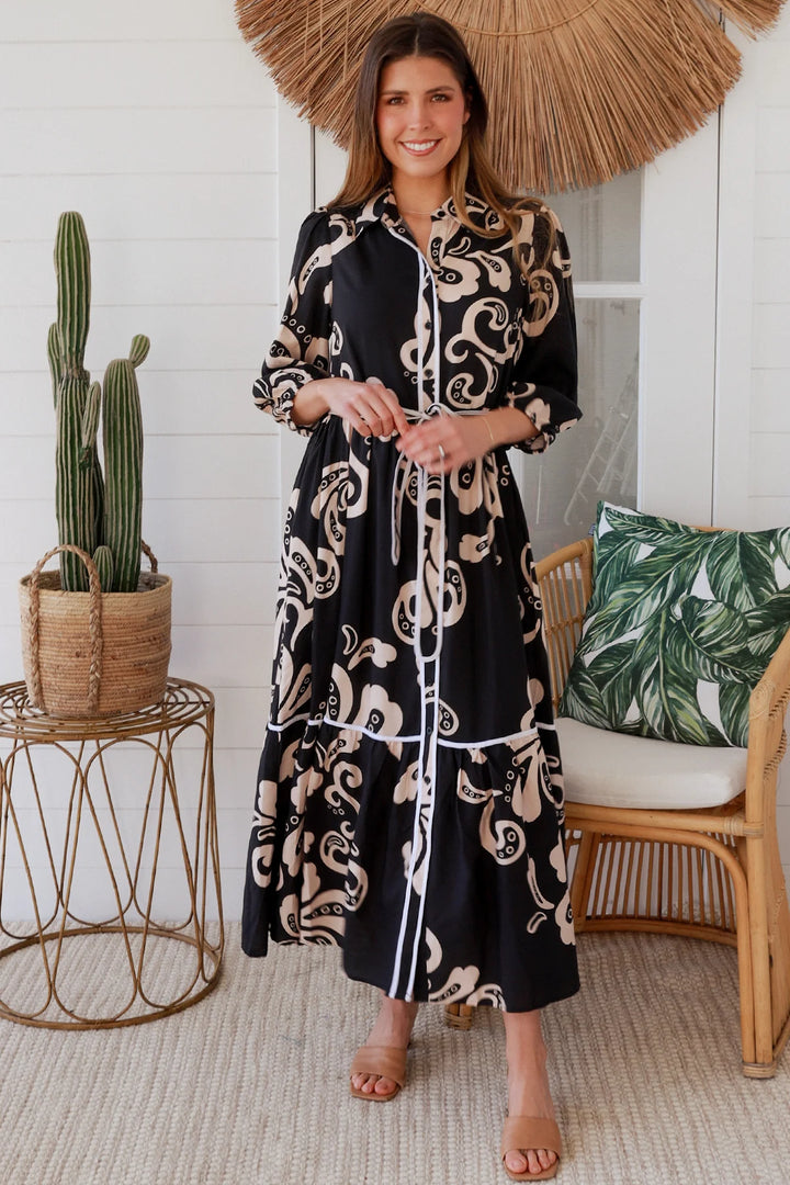 Roxy Dress – Black & Tan Print