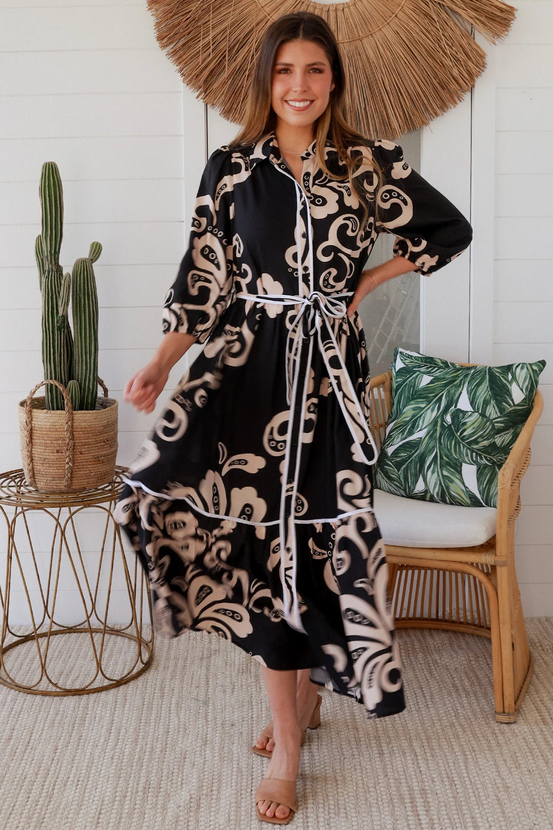 Roxy Dress – Black & Tan Print