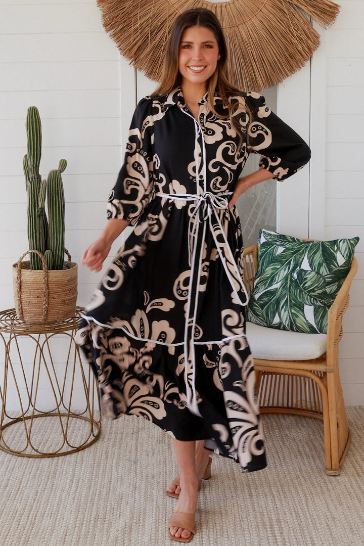 Roxy Dress – Black & Tan Print