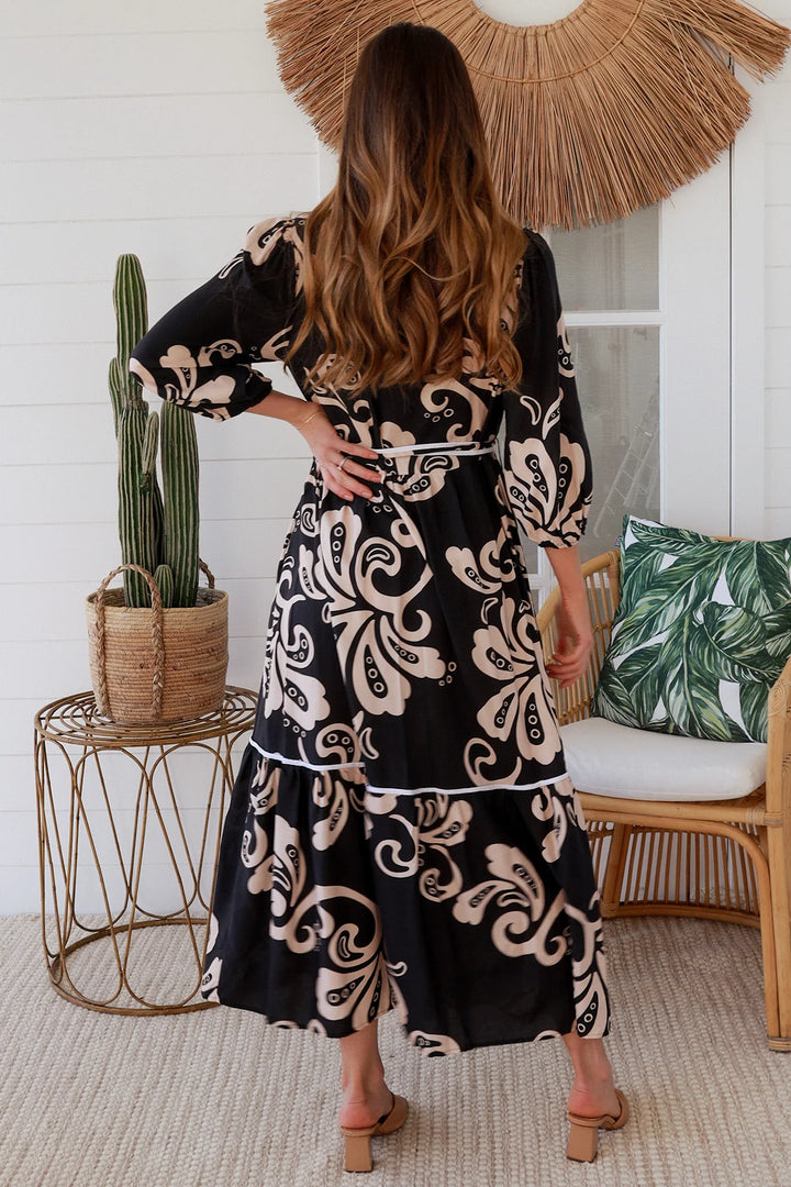Roxy Dress – Black & Tan Print