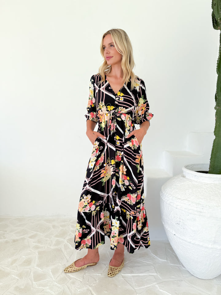 Selma Two Tier Floral Dress - Black