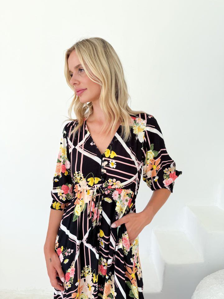 Selma Two Tier Floral Dress - Black
