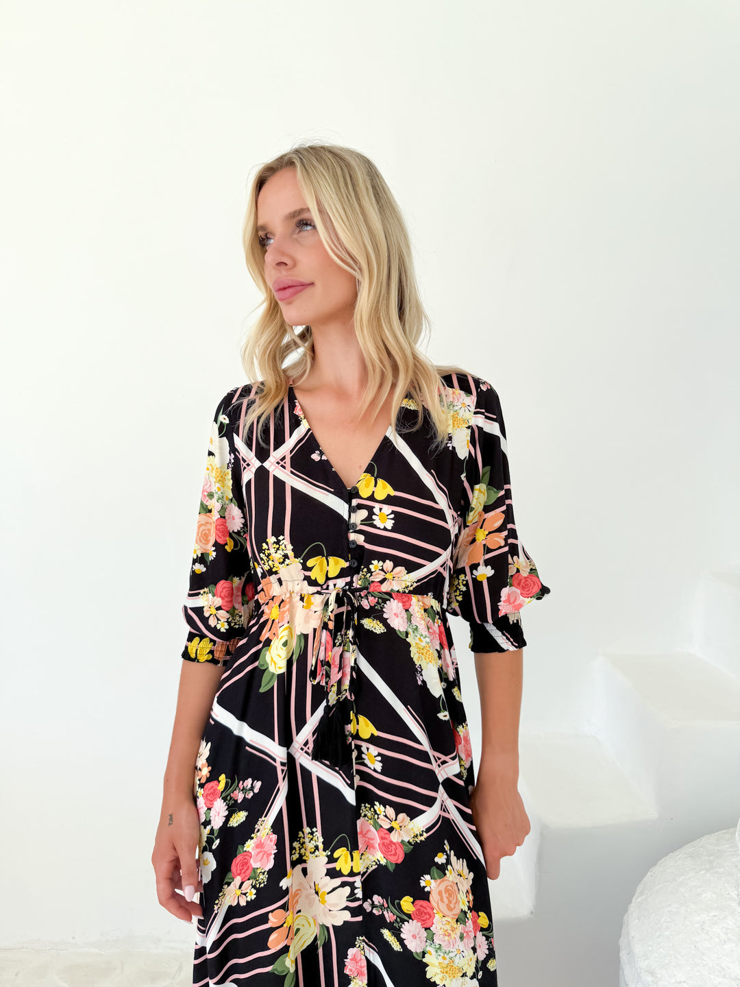 Selma Two Tier Floral Dress - Black
