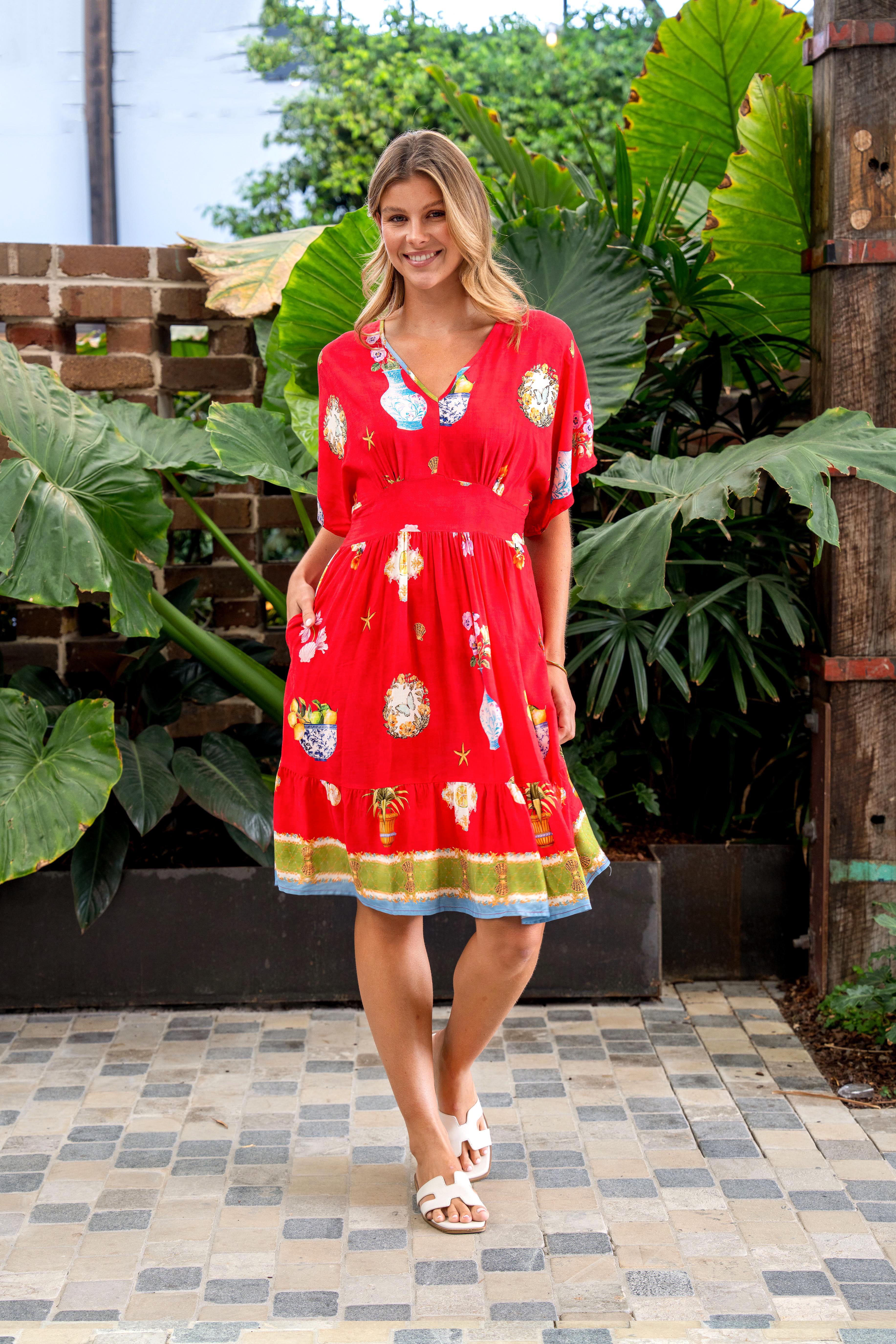 Shepard Dress Red Print - Bamboo Rayon Knee Length Dress | 3Styles ...