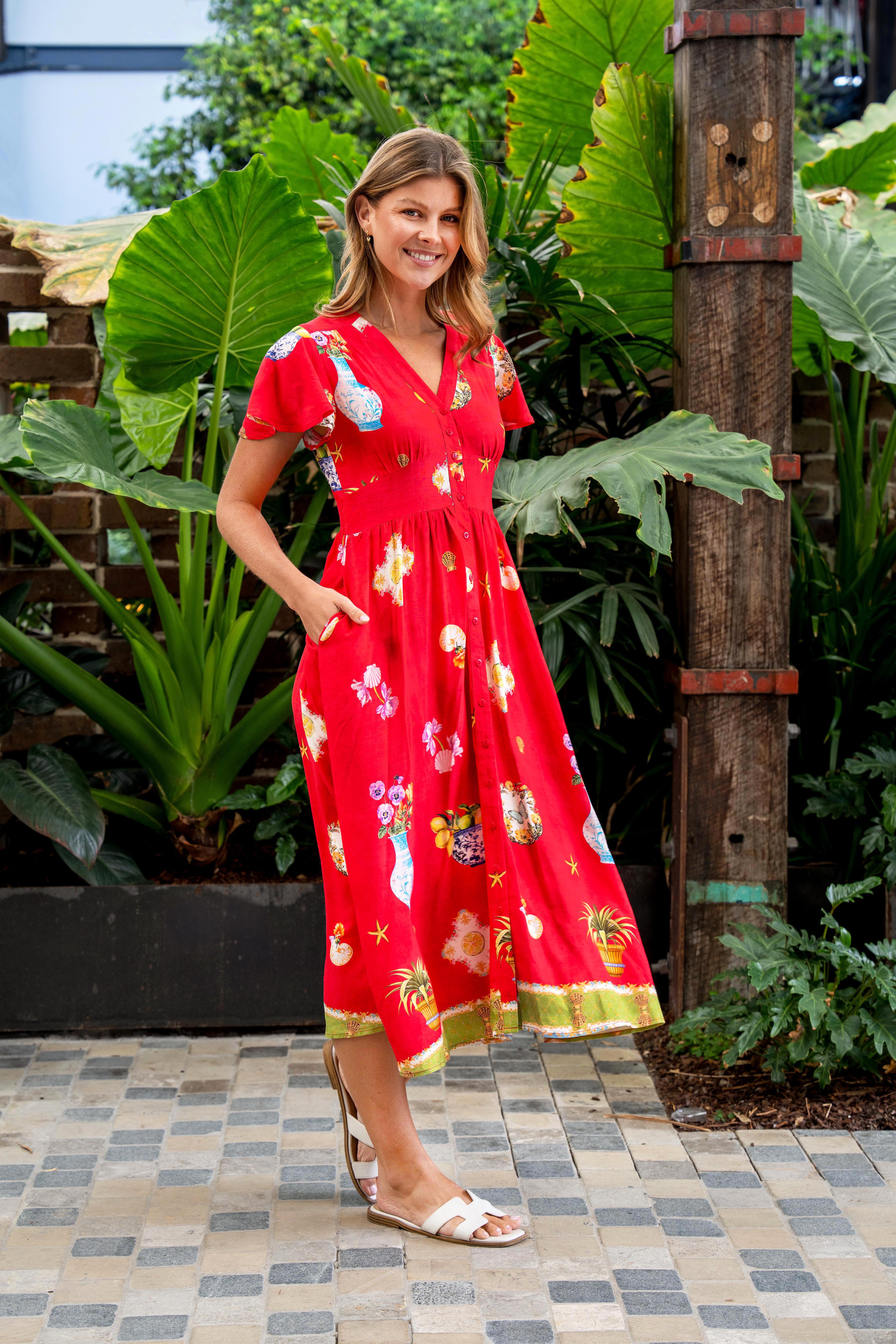 Shepard Midi Dress Red Print - New Arrival Bamboo Rayon Dress