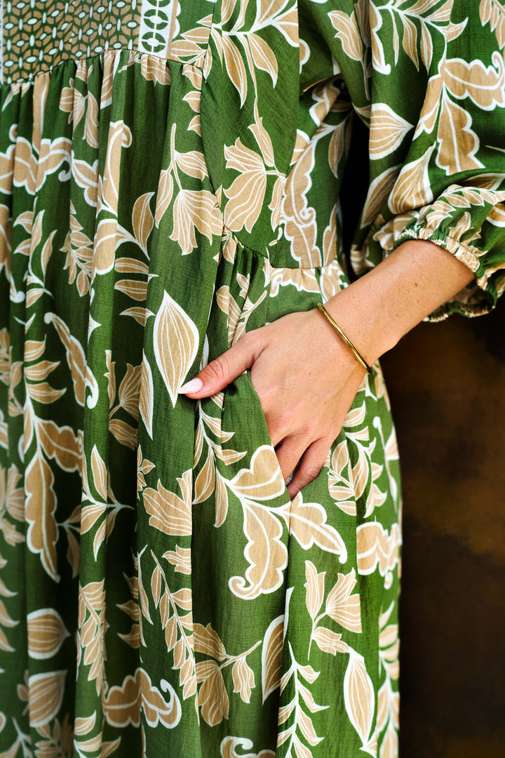Boho- Singh Midi Dress Green Floral
