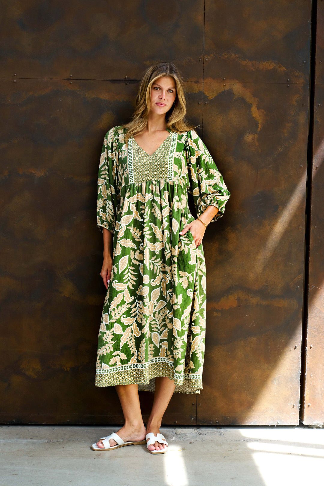 Boho- Singh Midi Dress Green Floral