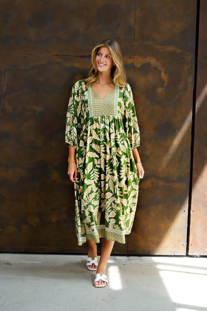 Boho- Singh Midi Dress Green Floral