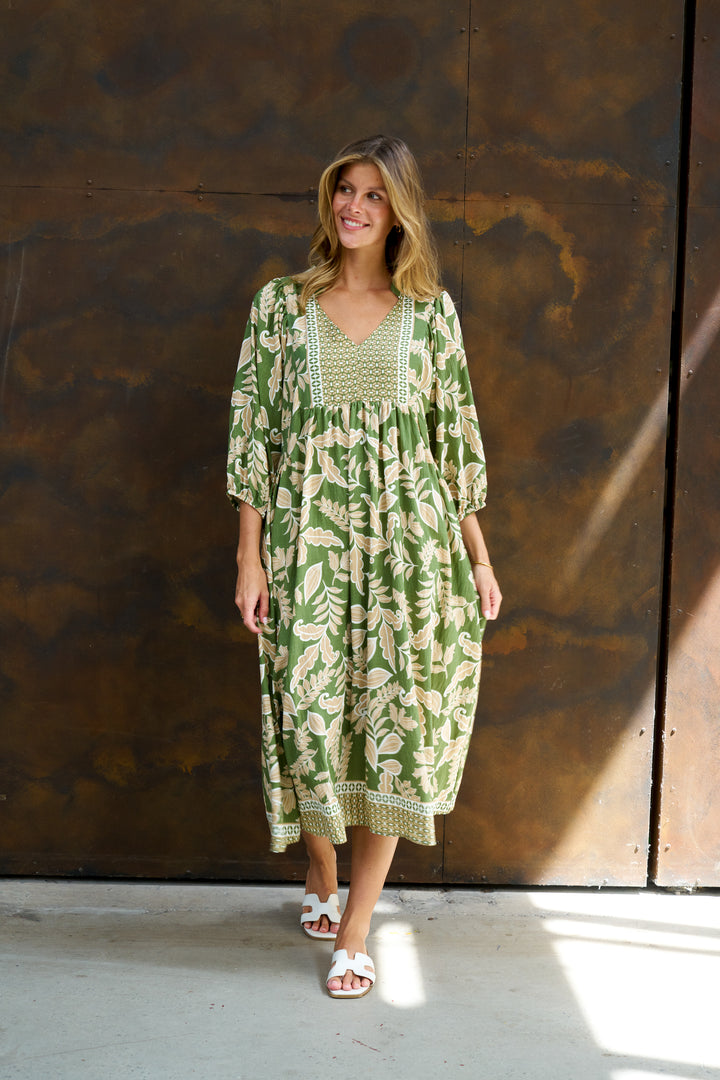 Boho- Singh Midi Dress Green Floral