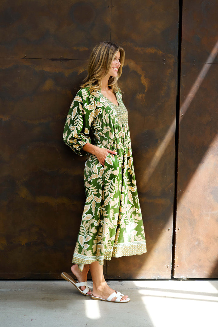 Boho- Singh Midi Dress Green Floral