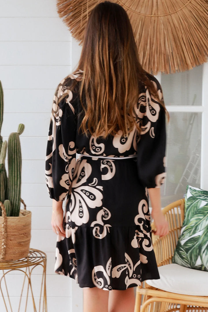 Talia Dress - Black with Beige Floral | Dreamcatcher