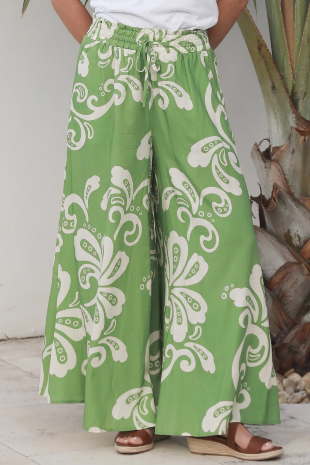 Talia Wide Leg Pants - Green with Beige Floral | Dreamcatcher