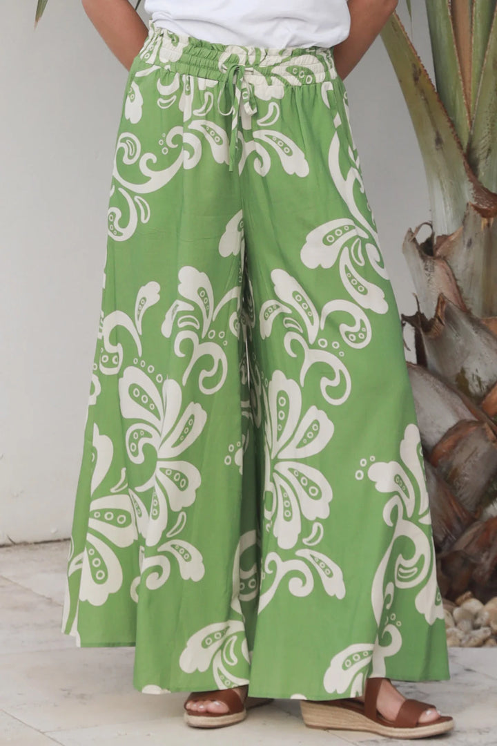 Talia Wide Leg Pants - Green with Beige Floral | Dreamcatcher
