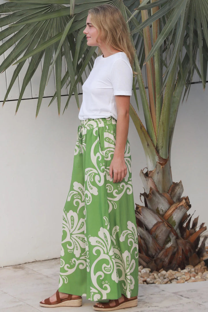 Talia Wide Leg Pants - Green with Beige Floral | Dreamcatcher