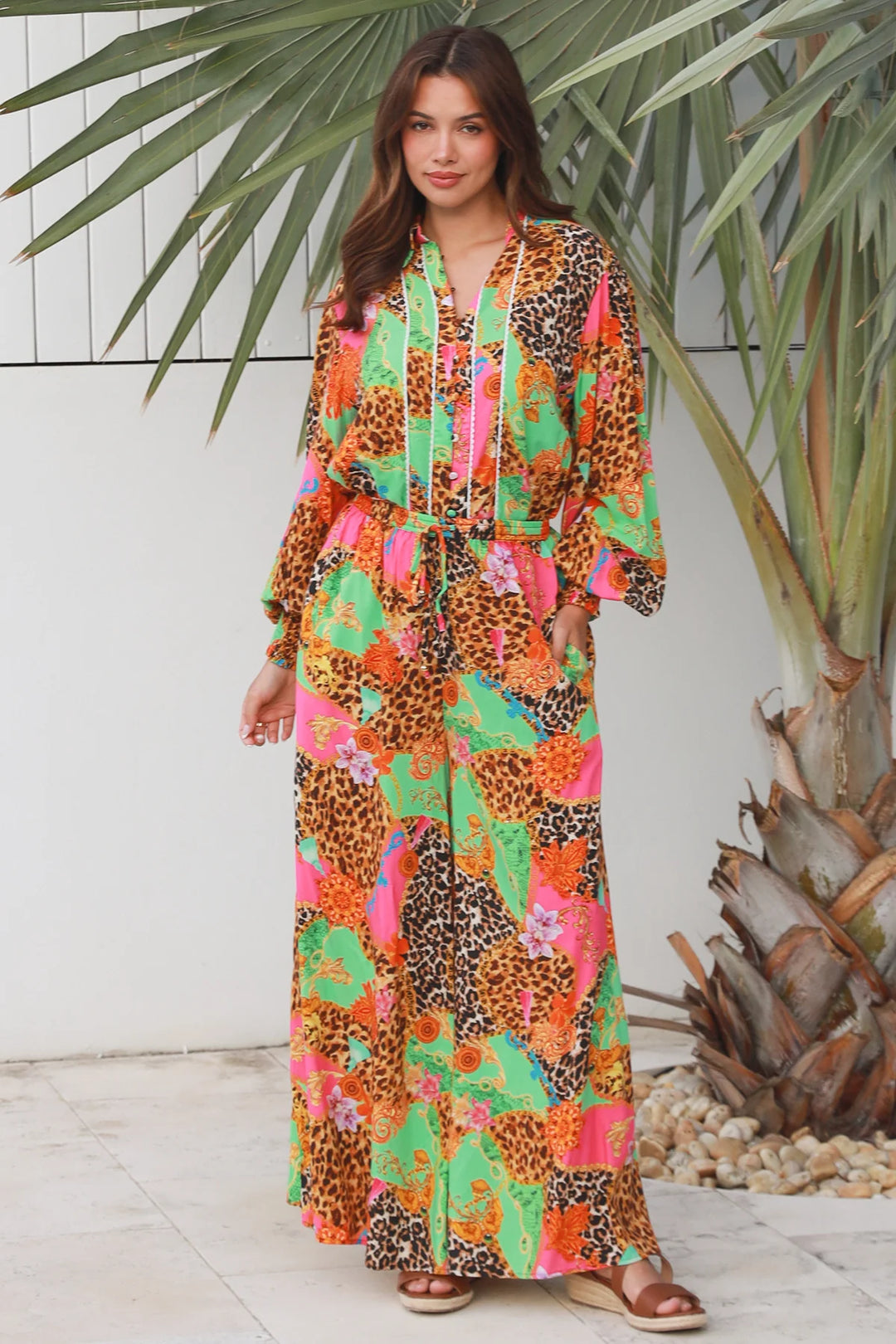 Vera Wide Leg Pants - Pink Green Floral Leopard Print | Dreamcatcher
