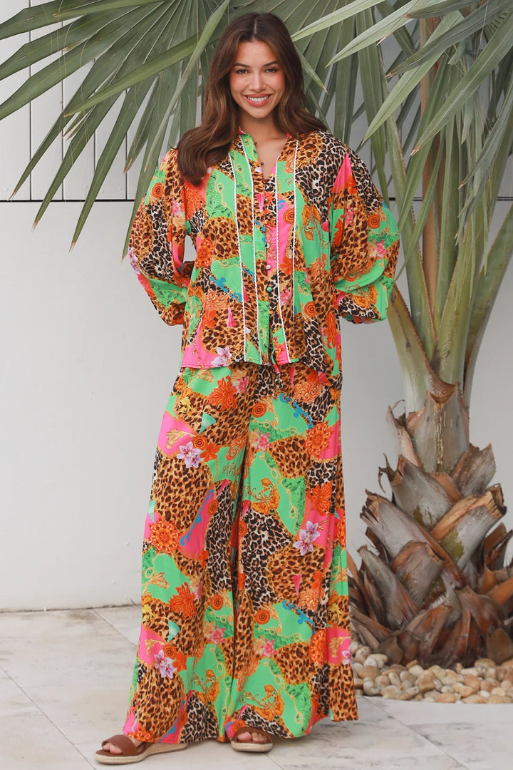 Vera Wide Leg Pants - Pink Green Floral Leopard Print | Dreamcatcher