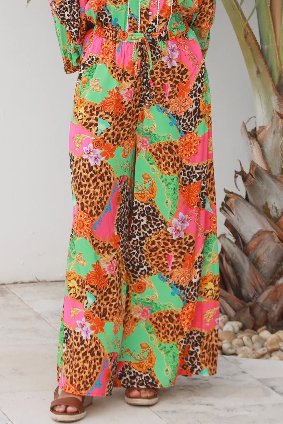 Vera Wide Leg Pants - Pink Green Floral Leopard Print | Dreamcatcher