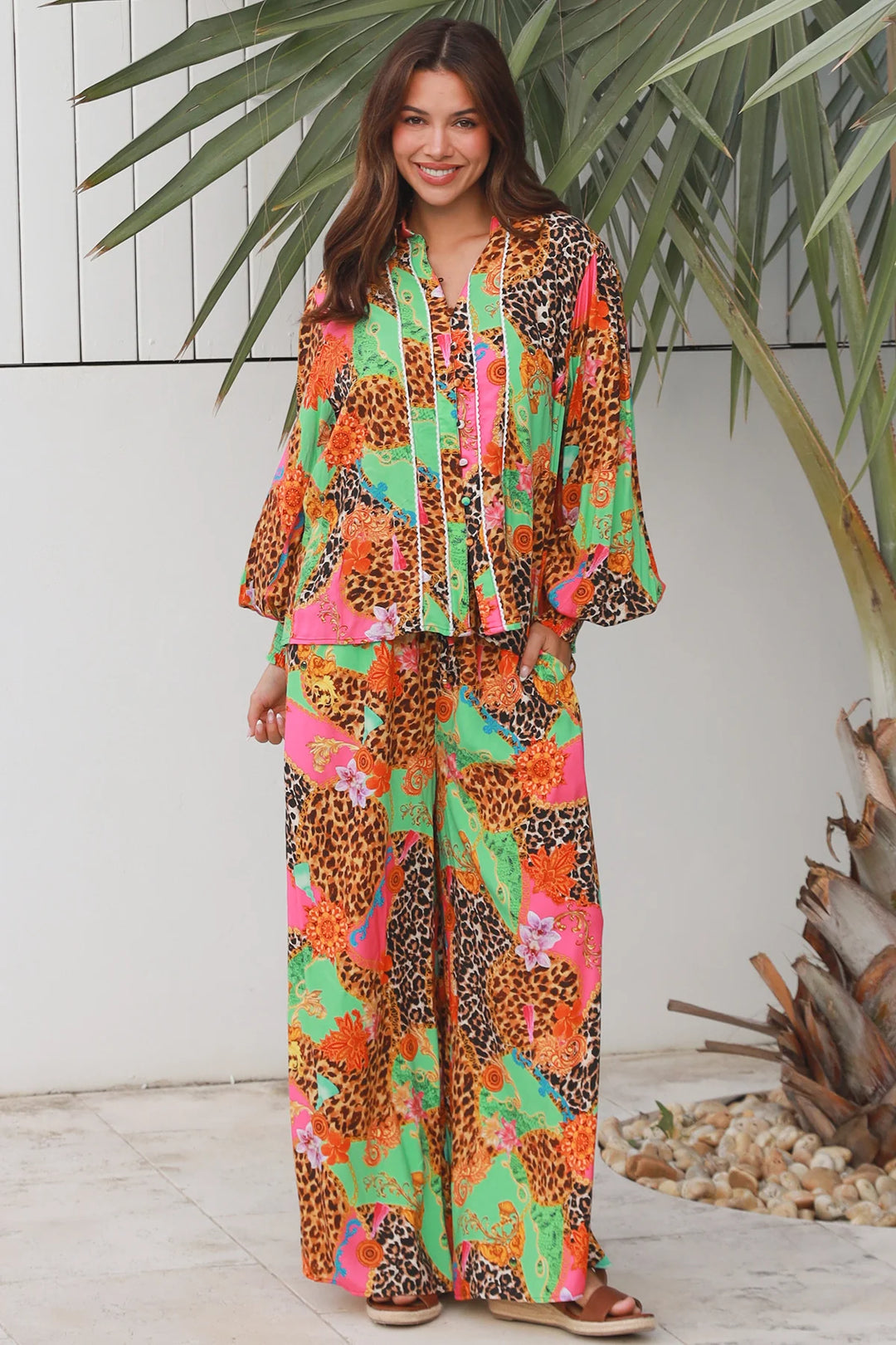Vera Wide Leg Pants - Pink Green Floral Leopard Print | Dreamcatcher