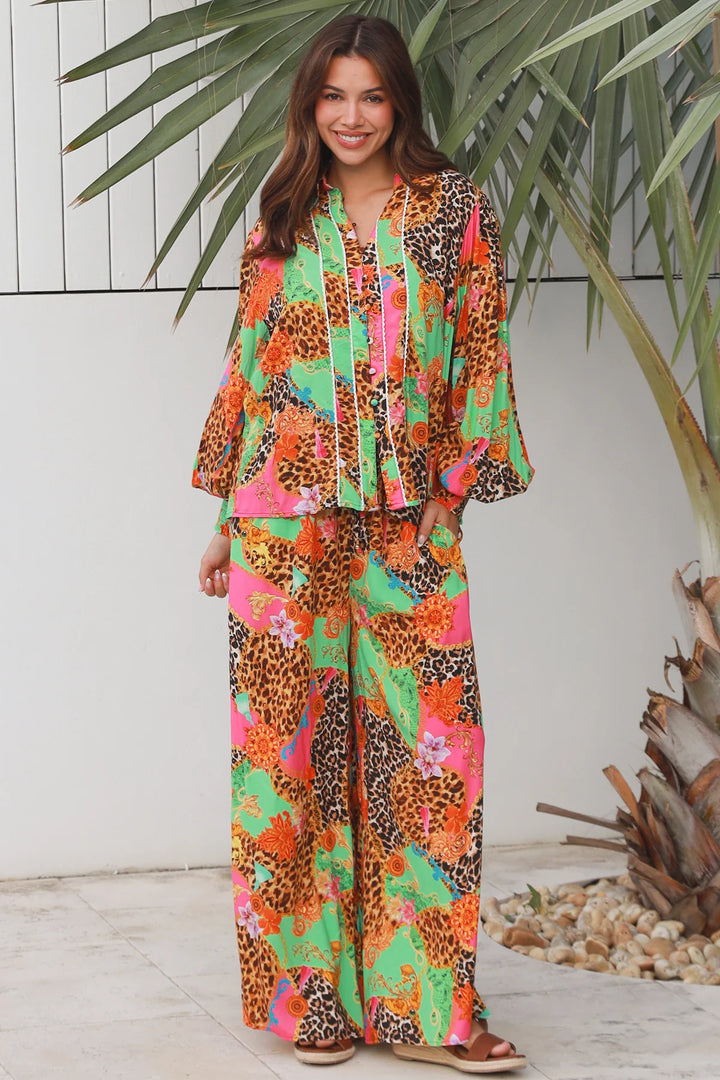 Vera Wide Leg Pants - Pink Green Floral Leopard Print | Dreamcatcher