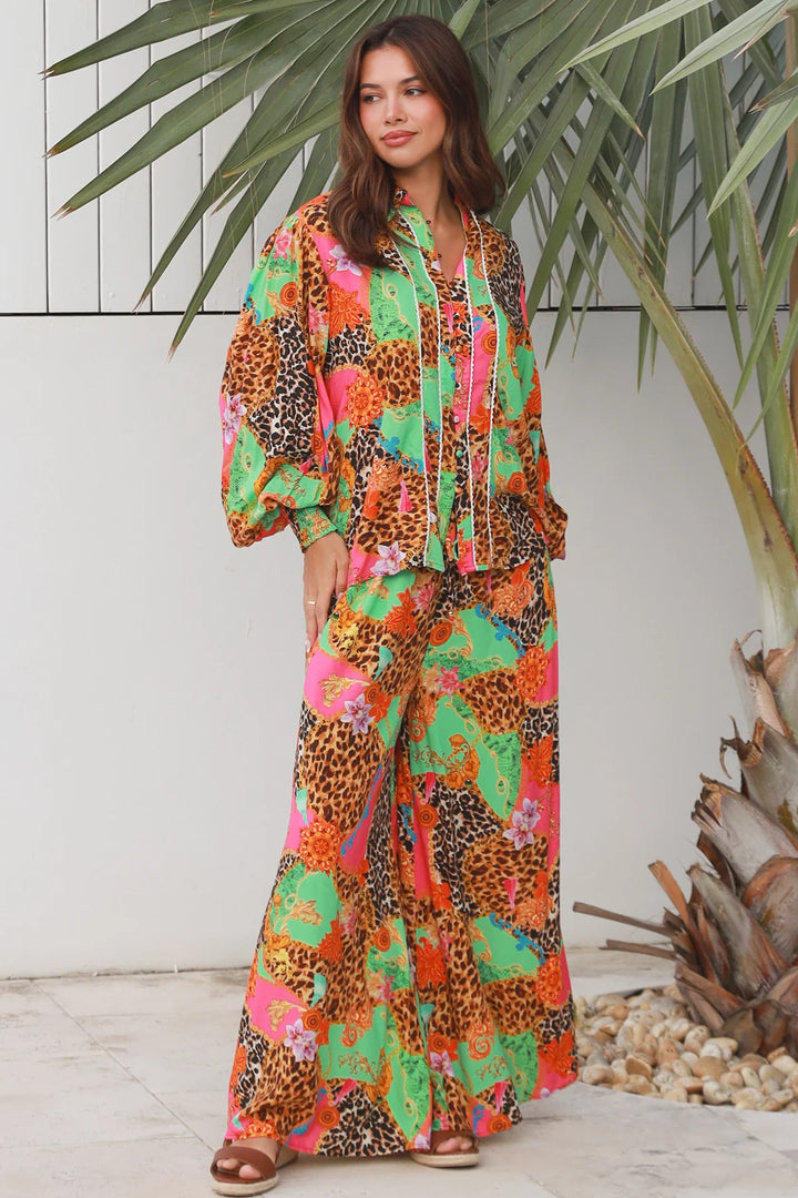Vera Wide Leg Pants - Pink Green Floral Leopard Print | Dreamcatcher