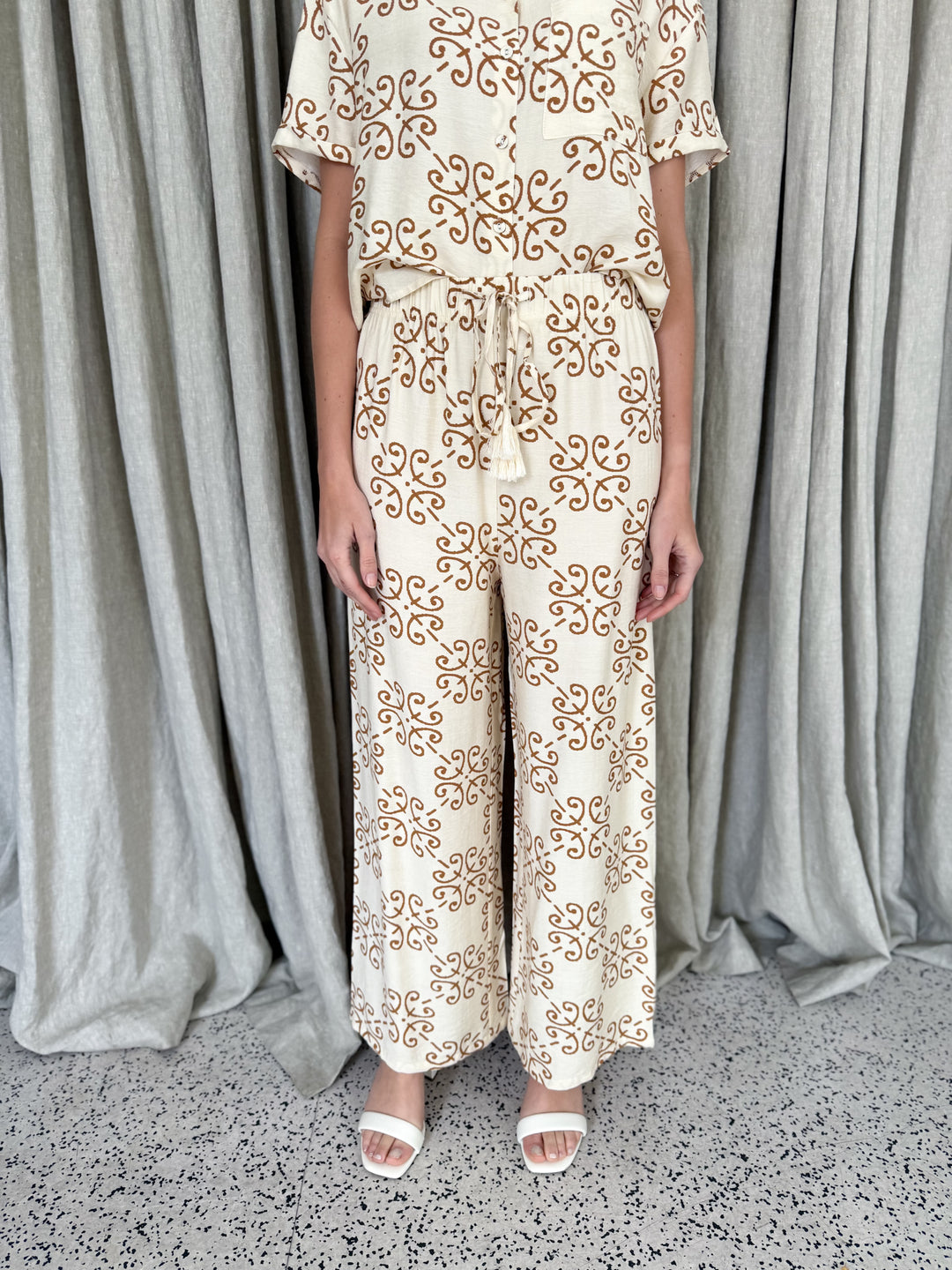 Zara Relaxed Fit Pants - Art Deco Tile Print Mocha