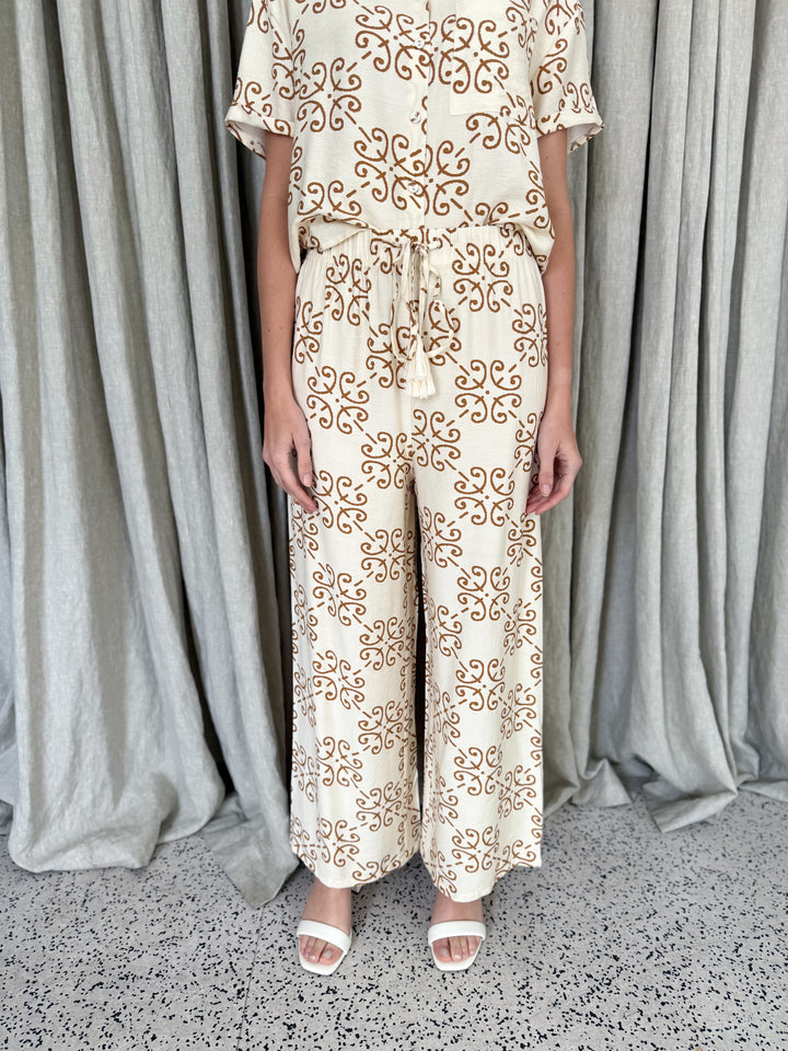 Zara Relaxed Fit Pants - Art Deco Tile Print Mocha