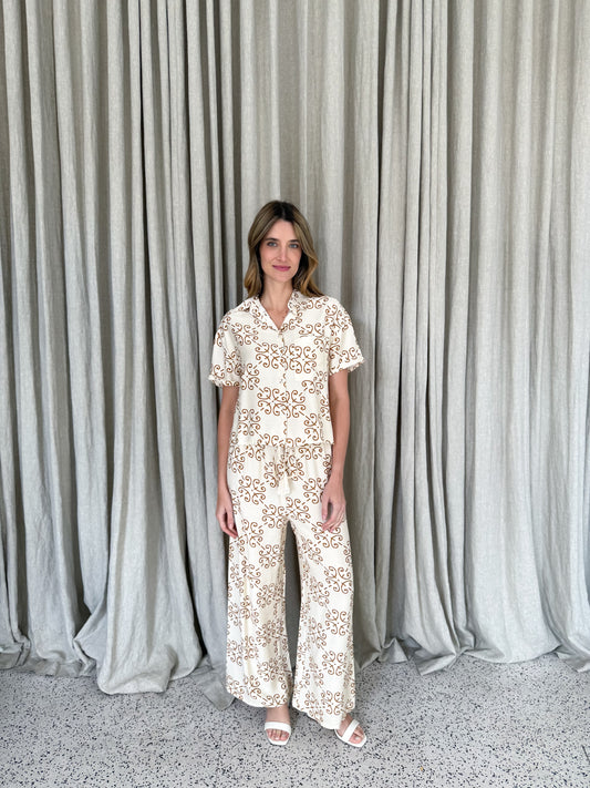 Zara Short Sleeve Shirt - Art Deco Tile Print Mocha